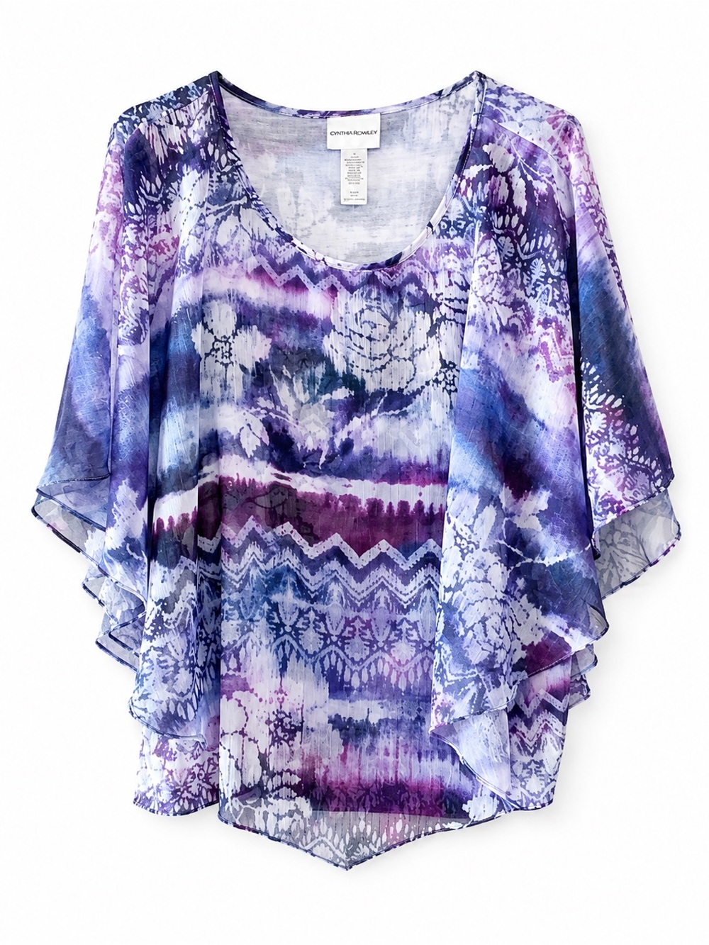 Alfred Dunner Purple Blue Printed Flutter Sleeve Blouse